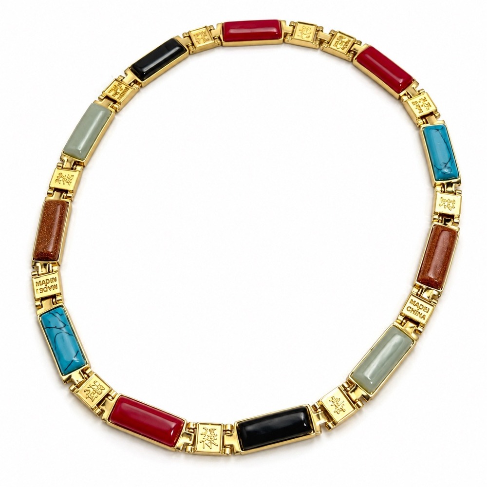 Multicolor Gemstone Gold Tone Collar Necklace Asian Character NWT